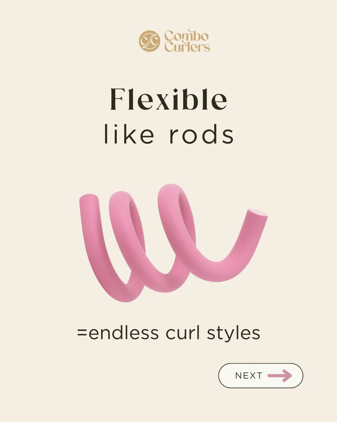 Pink hair styling rod with text on a beige background, featuring the Combi Curlers brand.