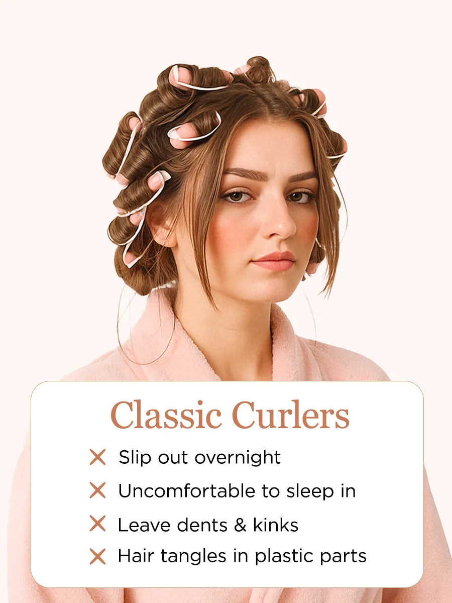 Woman with hair in curlers wearing a pink robe, with text detailing the drawbacks of classic curlers.