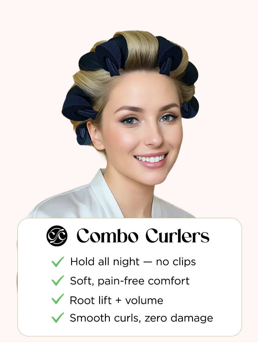 Woman with Combo Curlers on a white background, featuring product benefits.