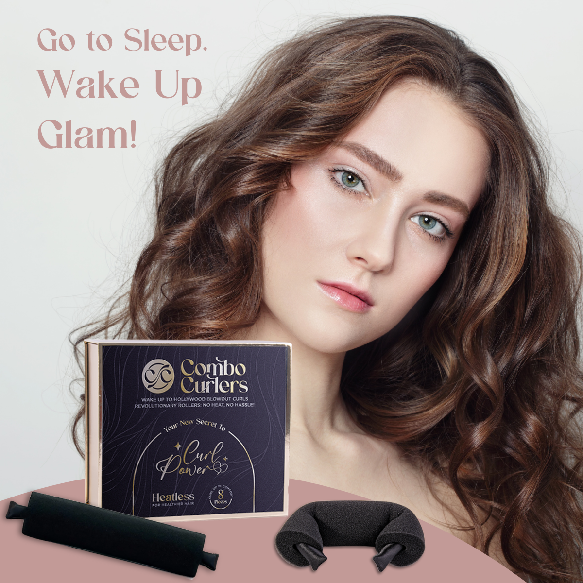 Woman with styled hair next to Combo Curlers packaging on a pink surface
