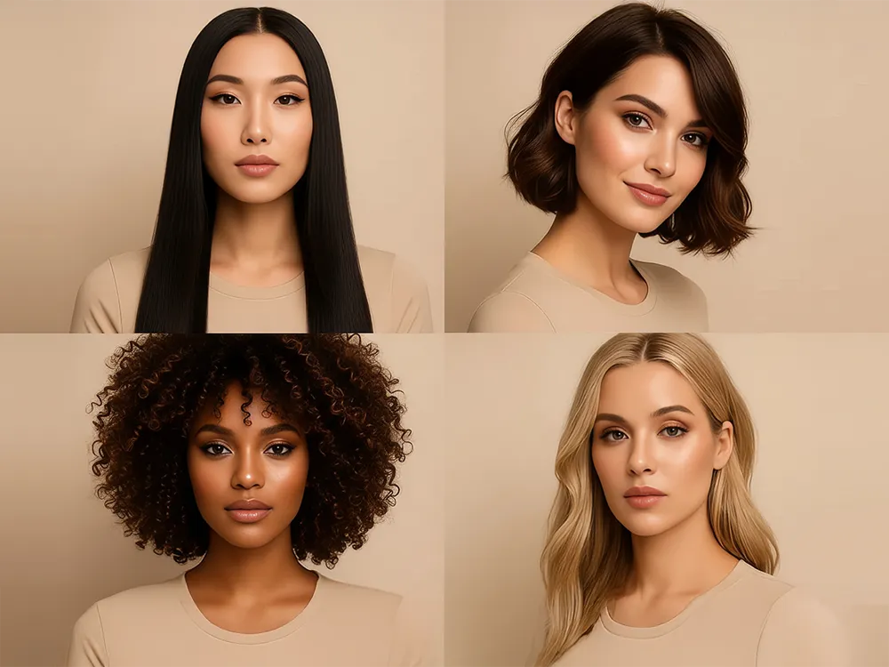 Four women with different hair types and colors on a beige background