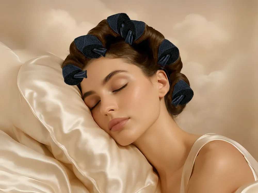 Woman sleeping with hair in blue rollers on a soft beige background