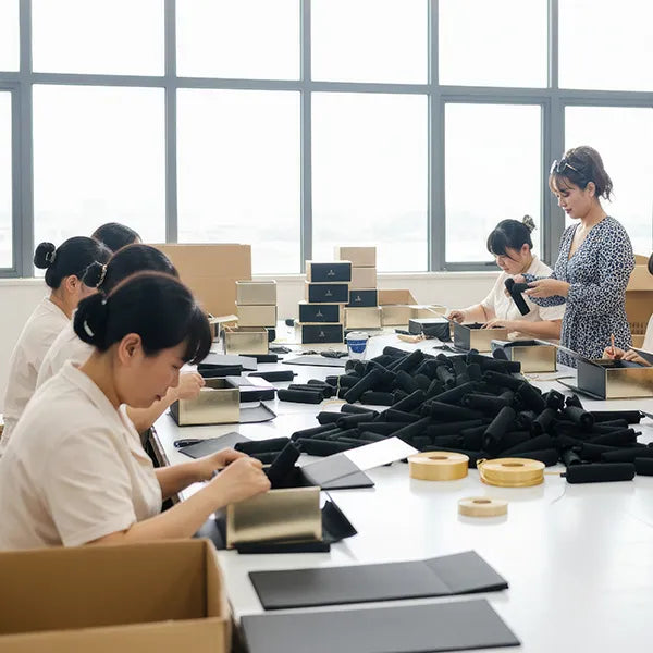 Workers packaging items in a factory setting with large windows.