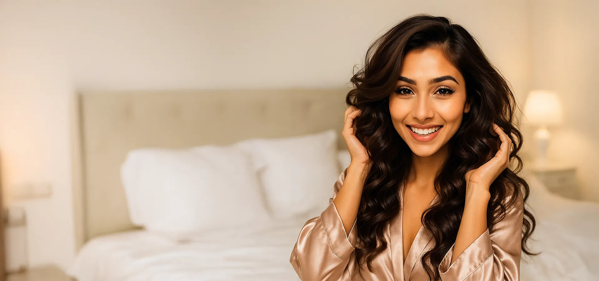Woman in a satin robe smiling in a bedroom setting