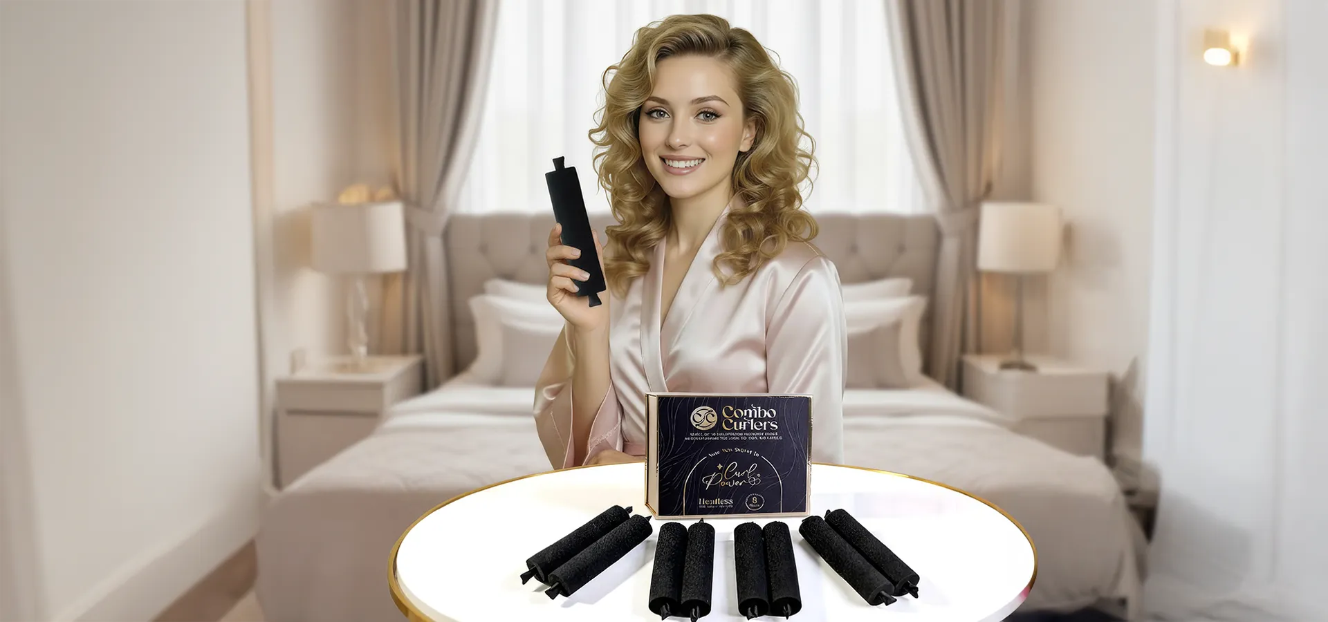 Woman with beautiful curls sitting on a vanity holding combo curlers in her hand. 