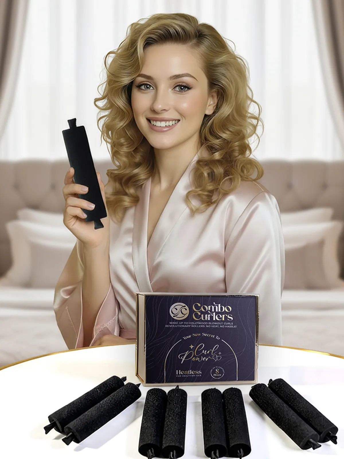 Woman with styled hair holding a curling product, surrounded by Combo Curlers on a table.
