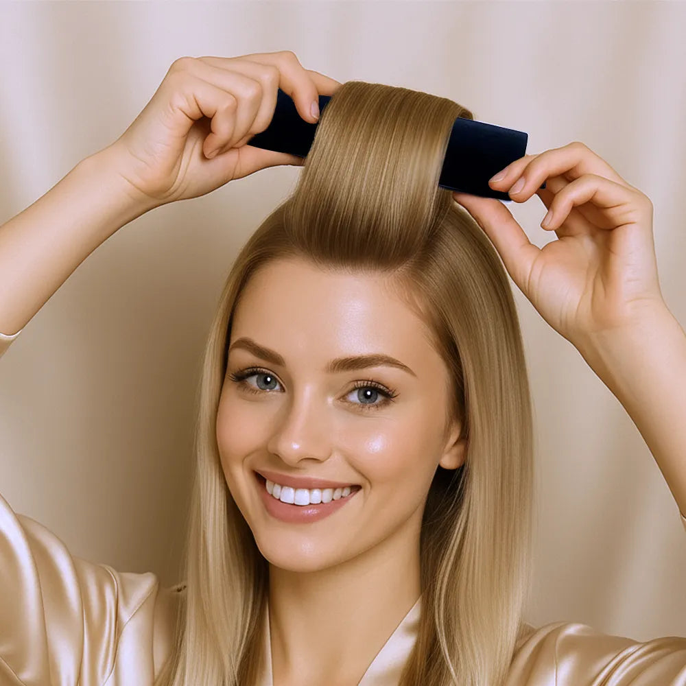 Woman using a hair straightening tool with a plain background