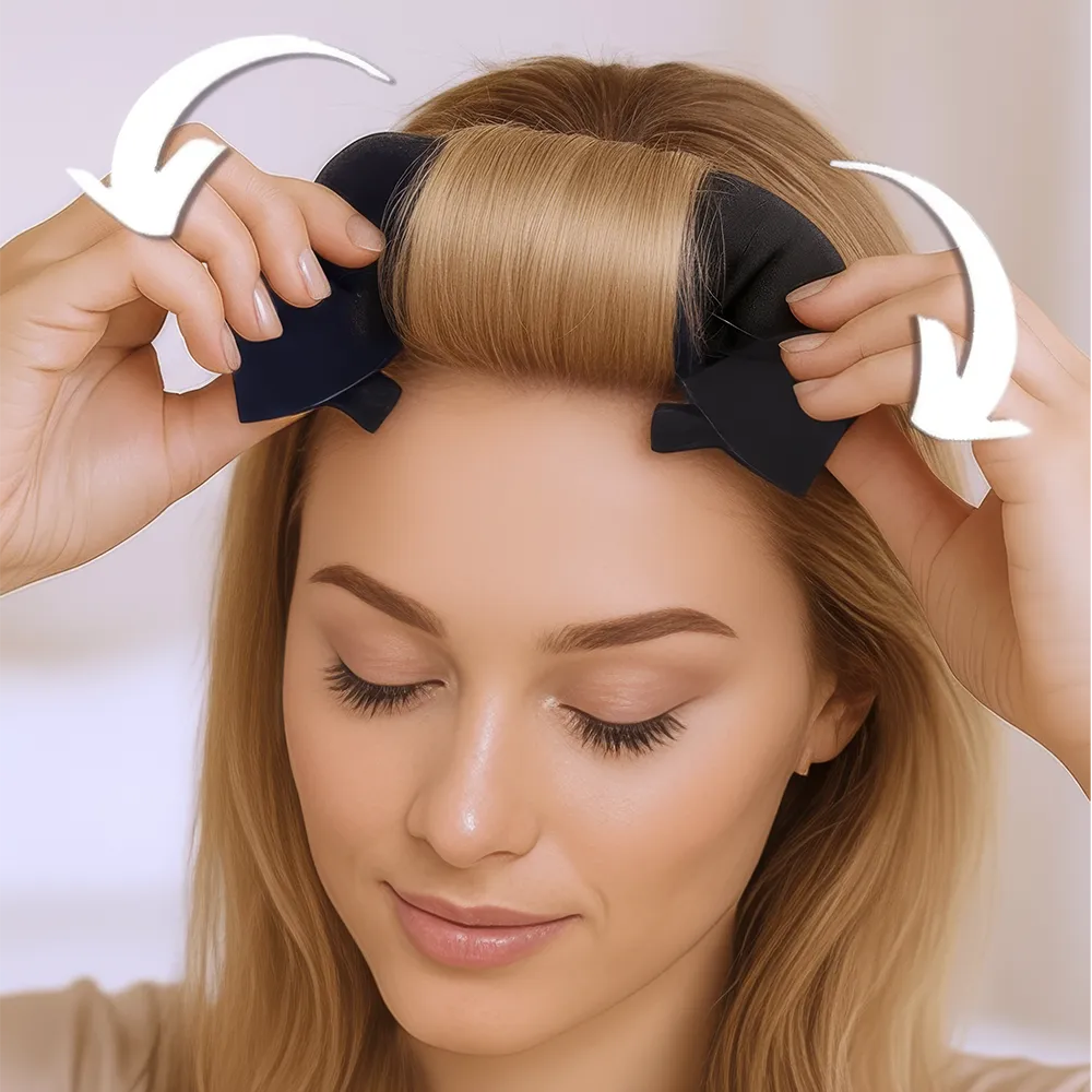 Woman using hair rollers with a neutral background