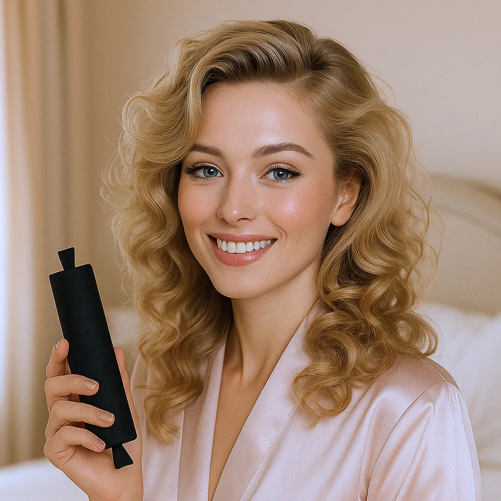Woman with styled hair holding a black hair product in a cozy indoor setting