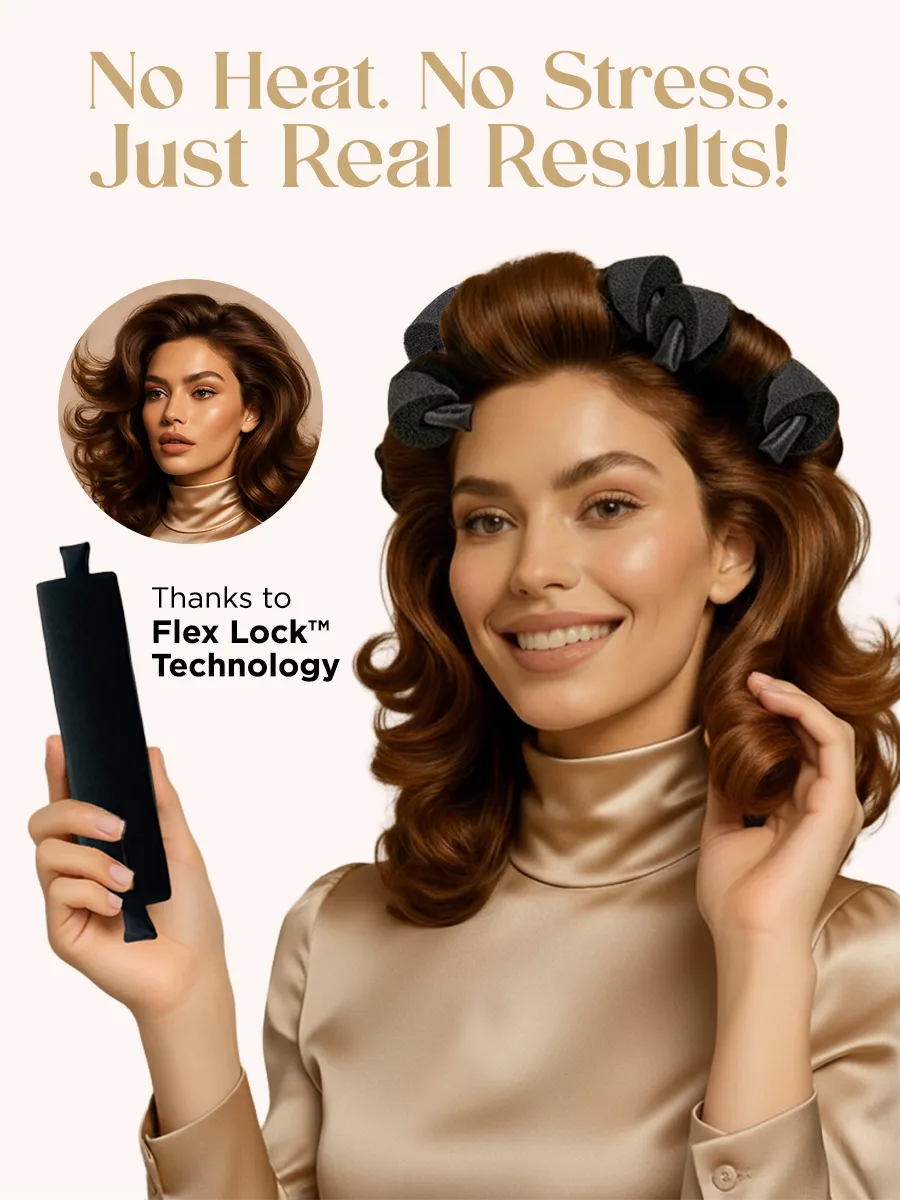 Woman with styled hair using a hair product with text 'No Heat. No Stress.