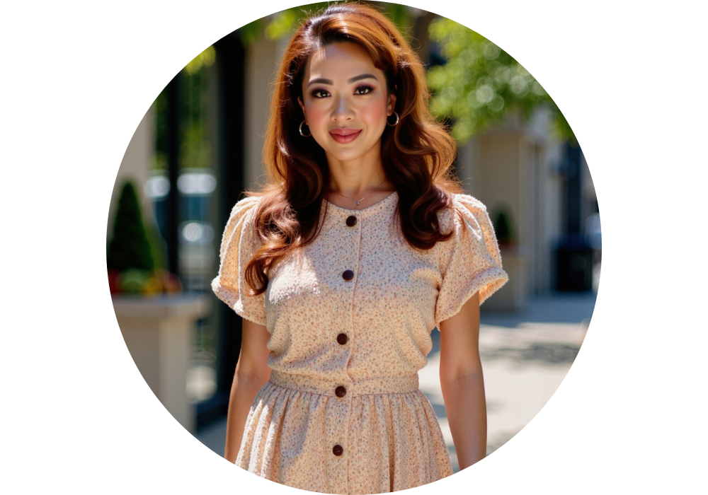 Woman wearing a beige dress with black buttons outdoors